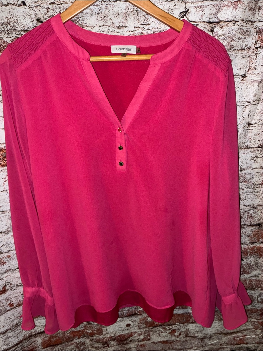 Calvin Klein Bright Hot Pink Split V-Neck Long Sleeve Blouse